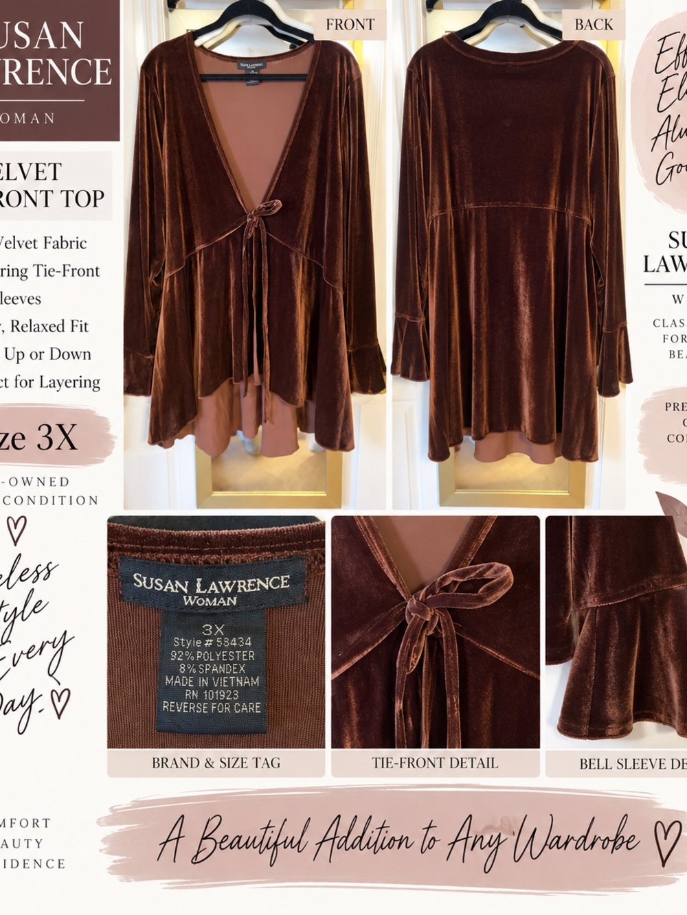 Susan Lawrence Brown Velvet Tie-Front Tunic Top